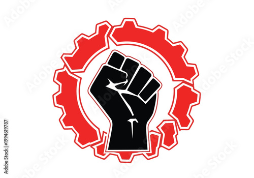 Red gear with black fist raised in the center