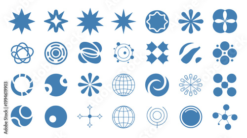 A collection of abstract blue starburst and circular designs are arranged neatly against a stark white background high quality professional detailed modern elegant stylish clean crisp