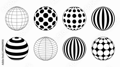 A collection of eight spherical illustrations showcases diverse black and white patterns including grids dots and stripes on a clean white background high quality professional detailed