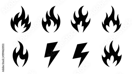 A collection of stylized black icons depicts flames and lightning bolts arranged on a plain white background offering graphic elements high quality professional detailed modern elegant