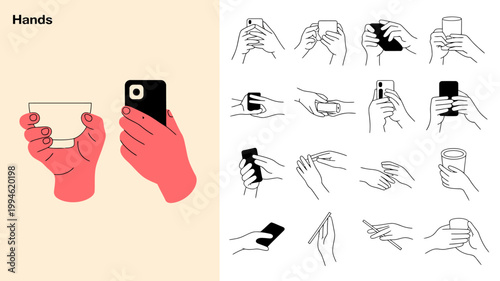 A collection of hand illustrations depicts various ways people hold and interact with mobile phones and objects high quality professional detailed modern elegant stylish clean crisp