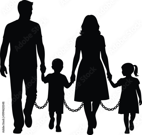 Family silhouette with chains on children, child labor and social restriction concept, parenting responsibility, protection and freedom rights, symbolic illustration isolated design