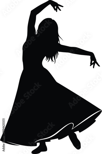 Female dancer silhouette, woman dancing graceful pose, classical or contemporary dance movement, artistic performance, elegant motion, isolated black vector illustration on white background