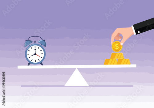 Time is money concept, businessman hand placing a coin on a stack of gold bars on a scale balancing with an alarm clock
