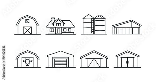 Minimal line icons of rural farm buildings including barn, farmhouse, silos, shed, stable, garage, and storage structures in simple outline style