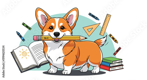 Cute Corgi Dog Holding a Pencil in its Mouth Ready for School.
