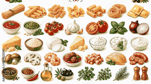 Pasta Ingredients Pack - Noodles, Tomato, Basil and Italian Food Elements