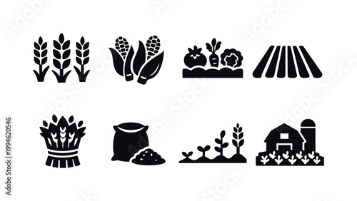 Set of black agriculture icons showing wheat, corn, vegetables, plowed field, harvest bundle, grain sack, seedlings, and farmhouse silhouette