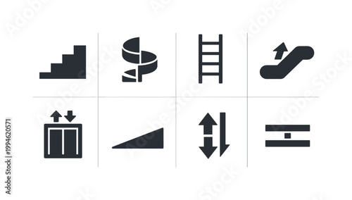 Set of minimalist black user interface icons featuring stairs, coin, ladder, escalator, elevator, ramp, updown arrows, and slider controls