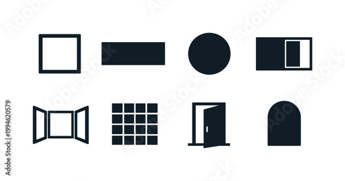 Minimal black geometric icons set featuring square, rectangle, circle, window, grid pattern, open door, and arched doorway silhouettes on white background