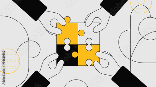 Two pairs of hands are shown connecting a yellow puzzle piece symbolizing collaboration and problem solving with abstract shapes high quality professional detailed modern elegant stylish