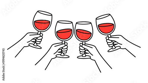 A minimalist line drawing depicts four hands each holding a wine glass filled with red liquid clinking in a celebratory toast high quality professional detailed modern