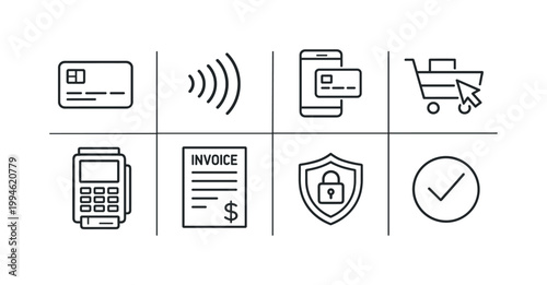 Minimal line icons illustrating digital payment process with credit card, contactless signal, mobile checkout, cart selection, invoice, security shield, and approval checkmark
