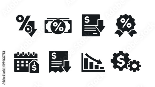 Set of finance and discount icons showing percentage tags, cash with percent symbol, price decrease documents, calendar payment, downward chart, and money gear
