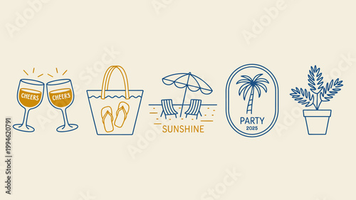 A colorful illustration depicts summer vacation elements including drinks a beach bag with flip flops and tropical plants high quality professional detailed modern elegant stylish clean