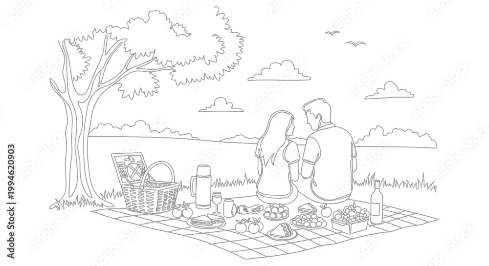 Fototapeta premium Couple enjoying a picnic under a tree, line art drawing, romantic outdoor meal