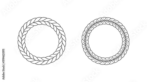 A minimalistic black and white illustration features two circular rope frames displaying different weaving patterns and textures high quality professional detailed modern elegant stylish clean crisp