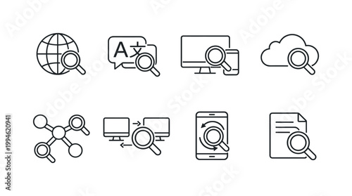 Minimal line icon set showing search and analysis tools for web, translation, computer, cloud, network, mobile device, and document lookup