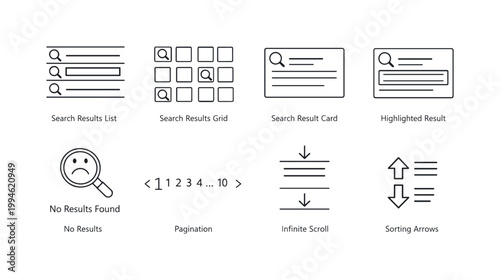 Minimal line icon set illustrating search interface elements including results list and grid, result cards, highlighted items, pagination, scroll, and sorting