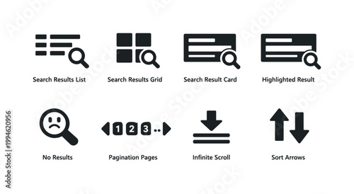Set of search interface icons showing results list and grid views, result cards, highlighted item, no results, pagination, infinite scroll, and sorting arrows