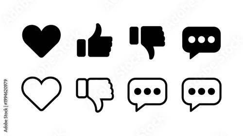 A collection of black social media icons displays hearts thumbs up thumbs down and speech bubbles representing reactions high quality professional detailed modern elegant stylish clean