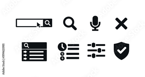Minimal black interface icons featuring search bar, magnifier, voice microphone, close button, results list, settings sliders, and security shield checkmark