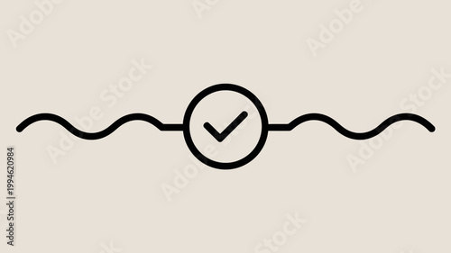 A simplistic black outline illustration depicts a checkmark inside a circle connected by wavy lines on either side high quality professional detailed modern elegant stylish clean