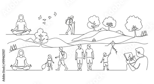 Diverse People Enjoying Outdoor Activities and Nature in Simple Line Art Style