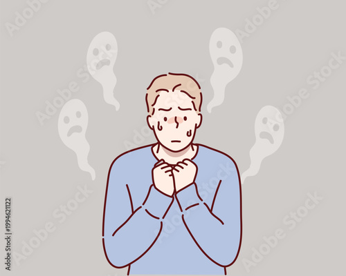 Fearful Man Feeling Anxious and Surrounded by Invisible Shadows Original vector illustration drawn by hand.