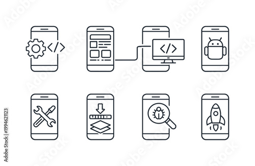 Mobile app development workflow icons showing coding, interface design, device testing, tools, download installation, debugging, and rocket launch concept