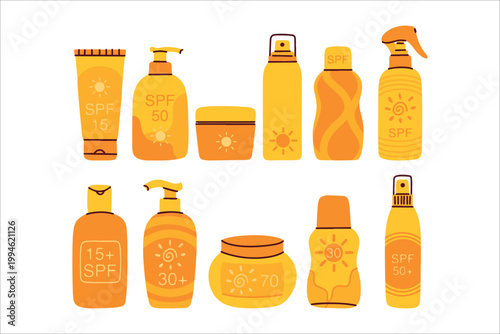 Large collection of eleven various SPF sun protection products including lotions, sprays, and creams. Essential for skin health, summer safety, and preventing sun damage or cancer.