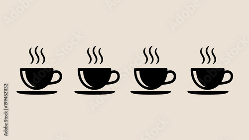 A minimalist illustration features four black silhouettes of coffee cups each with rising steam arranged in a horizontal line on a beige background high quality professional