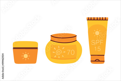 Set of three essential sunblock products in jar and tube formats. Provides reliable SPF protection against harmful rays for a healthy, beautiful, and safe summer experience.