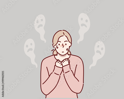 Fearful Woman Feeling Anxious and Surrounded by Unknown Shadows Original vector illustration drawn by hand.