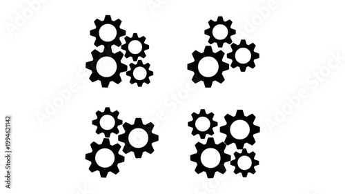 A collection of black gears in varying sizes are arranged across a white background showcasing mechanical components high quality professional detailed modern elegant stylish clean crisp