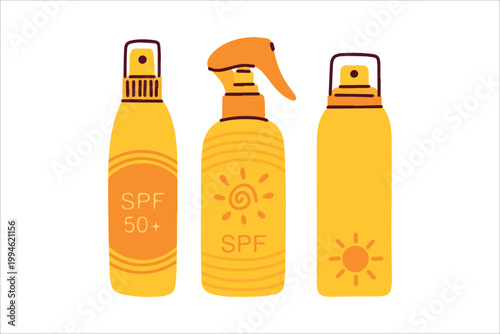 Three various orange sunscreen spray bottles for high-level UV protection. Ideal for people with an active lifestyle looking to prevent skin aging and sun damage.