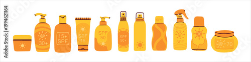 Horizontal row of eleven orange sunscreen bottles and tubes in various sizes. A comprehensive collection for stock retail display or healthy summer lifestyle marketing concepts.