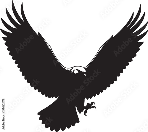 Black silhouette of a soaring eagle with outstretched wings against a white background bird of prey