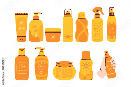 Professional set of twelve orange sunscreen items featuring different applicators and sizes. Focus on early skin cancer prevention, anti-aging, and safe tanning during vacation.