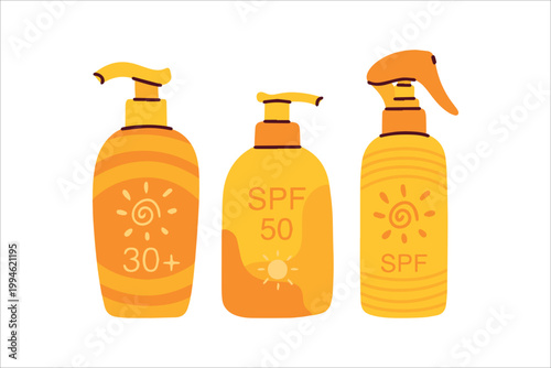 Set of three orange sunscreen bottles with various pump and spray tops. Designed for quick application and maximum skin safety during outdoor summer activities and vacations.