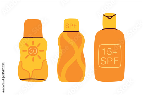 Group of three sunscreen tubes offering different levels of SPF protection. Professional dermatological products for maintaining skin health, beauty, and preventing solar damage.