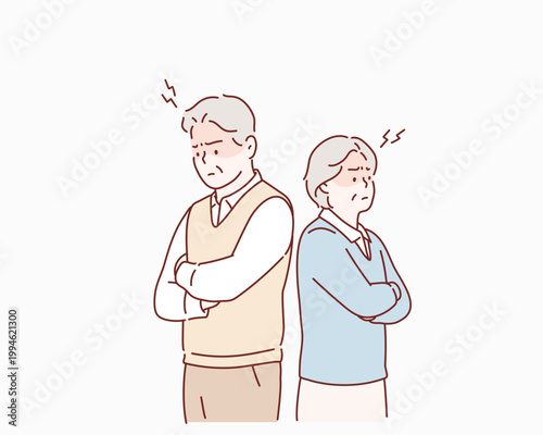Elderly Couple Back to Back Feeling Angry and Annoyed After a Quarrel Original vector illustration drawn by hand.