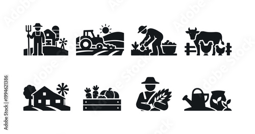 Minimal black silhouette farm icons showing farmer, barn, tractor in fields, harvesting vegetables, livestock, farmhouse, produce crate, crop inspection, watering can