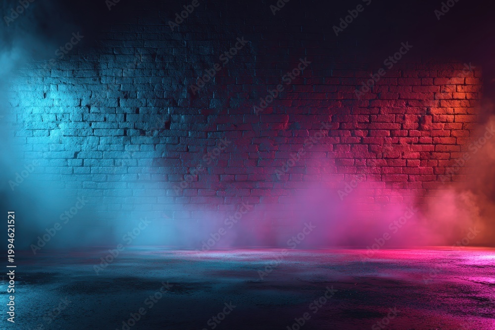Fototapeta premium Atmospheric brick wall interior with vibrant neon blue and pink lighting illuminating swirling smoke and textured concrete floor in a dark moody setting