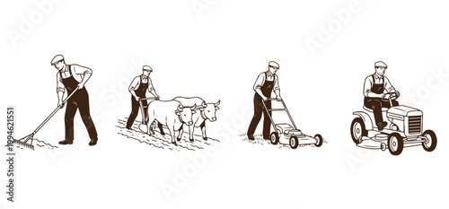 Vintage Agriculture: A set of historical illustrations depicting a farmer tending to his field, employing traditional methods from raking to operating a tractor.