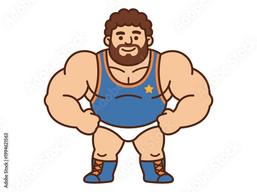 Strong muscular wrestler in blue singlet with star on chest