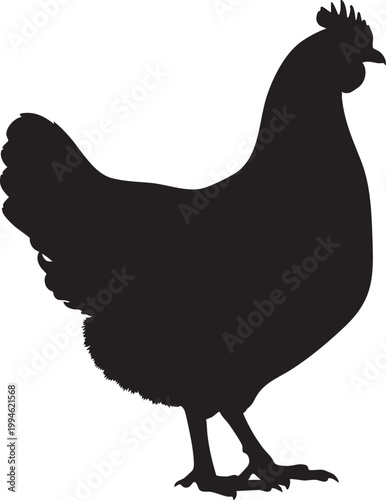 Black silhouette of a standing chicken facing left with visible comb and wattles poultry