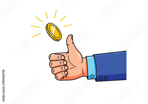 Cartoon hand giving a thumbs up with a golden coin floating above, business success and financial growth concept