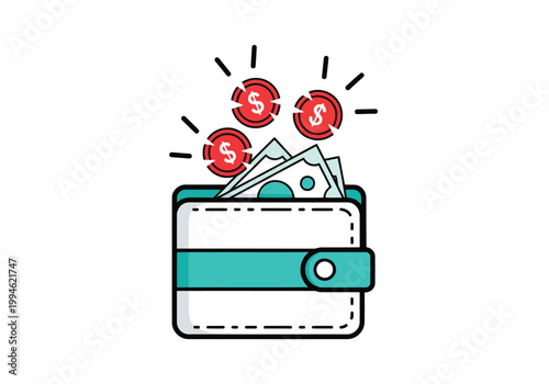 Wallet with money, banknotes and coins, flat icon design, vector illustration