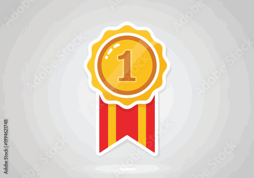 Gold medal with number 1 and red and yellow ribbons